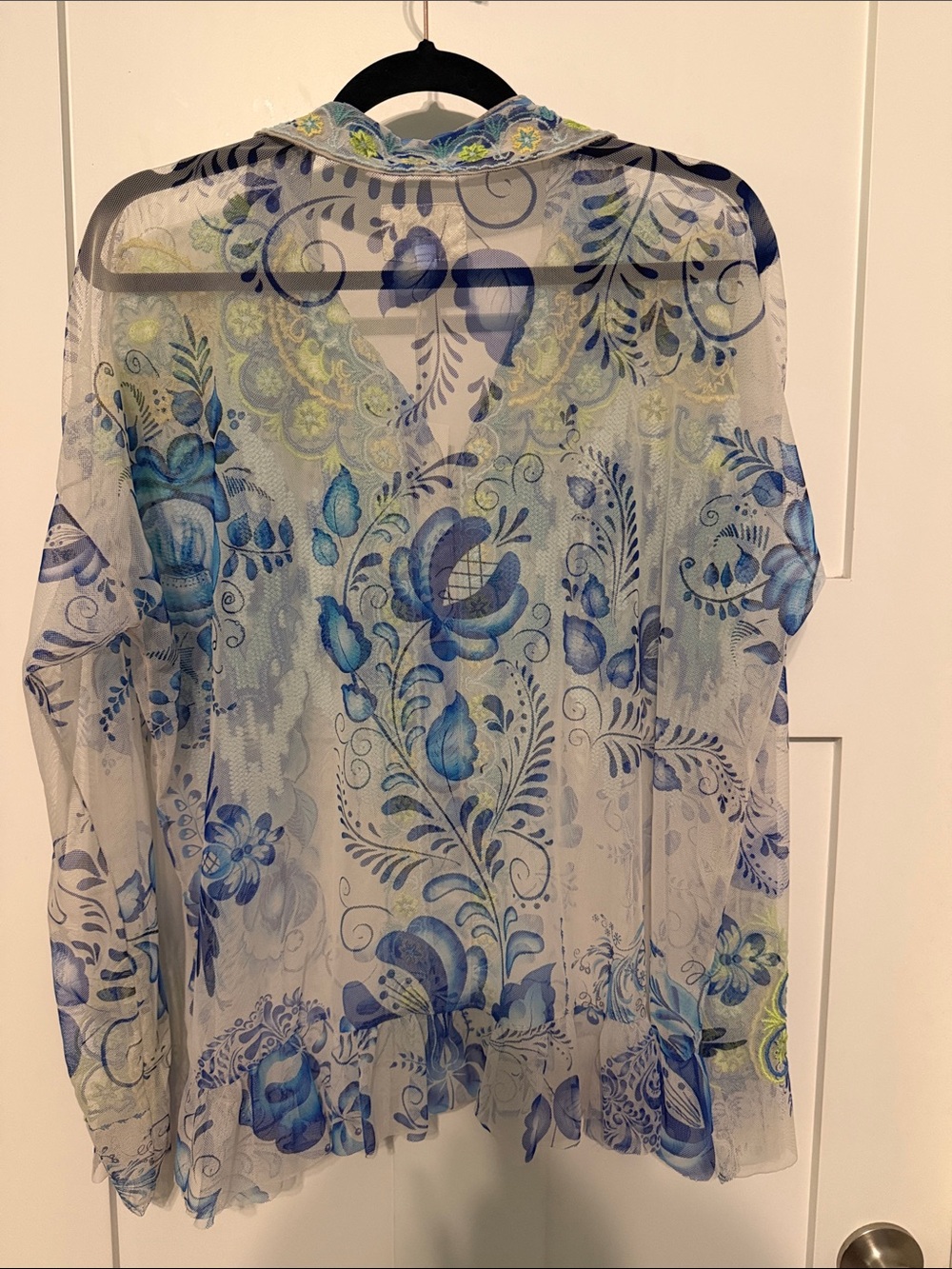 Johnny Was Sheer Blue Floral Embroidered Button-Down Shirt - Picture 6 of 10